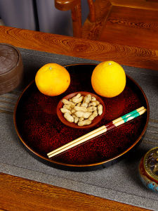 Chinese Style Circular Tea Tray Large Lacquer Wood Plate 30CM Diameter Coffee Cup Tray Tea Set Vintage Style Dining Utensils