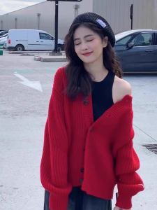 เสื้อคาร์ดิแกนถักแขนยาวสีแดงสำหรับผู้หญิง ทรงหลวม สไตล์ฤดูใบไม้ร่วง/ฤดูหนาว เสื้อคลุมกันหนาวคอตั้ง สไตล์เกาหลี