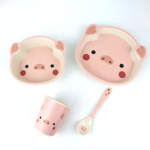 Adorable Cartoon Pig Bowl Childrens Anti-Fall Dining Set Baby Shaped Breakfast Dessert Bowl Hand-Painted Bamboo Material