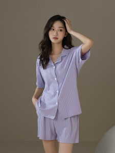 me home wear | Bộ Đồ Ngủ Nữ Cao Cấp Mùa Hè Vải Cotton Mỏng Tay Ngắn Màu Tím Nhạt Có Sọc
