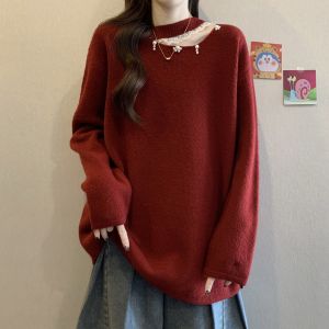 French Beaded Lace Off-Shoulder Red Sweater Women Winter Large Size Christmas Middle-Length Knitted Top Commute Style Loose Fit