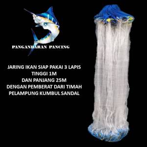 jaring ikan bentang siap pakai 3 lapis tinggi 1m panjang 25m 4in 020mm 1in 012mm pemberat timah
