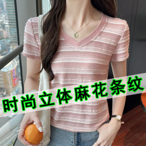 Shoulder Stripes V-neck Short Sleeve T-Shirt Womens 2024 New Arrival Best Selling Summer Fashion Loose and Slimming Tops T-shirt Fashion