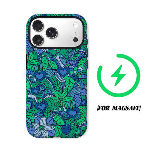 Blue Green Floral Heart Phone Case for iPhone 18 17 16 15 14 13 12 11 Air Pro Max Plus Double-layer Cover