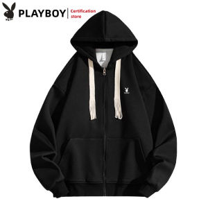 Playboy Mens Spring and Autumn Hooded Sweater Youth Cardigan Sweater Loose Casual Fashion Coat Top
