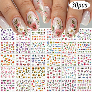 30Pcs 3D Mix Colorful Flower Butterfly Nail Stickers Spring Floral Leaf Self-Adhesive Nails Decal Summer Floral Manicure Sliders