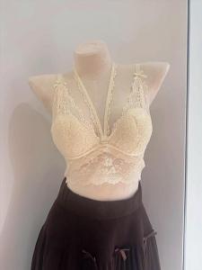 Áo Ba Lỗ Ren Gợi Cảm Kiểu Pháp Có Đệm Ngực Không Dây Cho Nữ Mùa Hè Có Nơ Bướm Áo Ngực Không Dây Hở Lưng Áo Ba Lỗ Lót Cotton