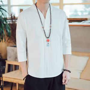 Chinese Style Men Shirt 3/4 Sleeve Solid Casual Streetwear Man Cotton Linen Hanfu Blouse Men Clothes 2026 New Koran Summer Top