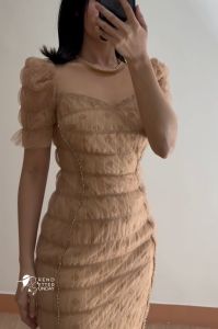 Nude Mesh Puff Sleeve Midi Dress - Elegant Layered Tulle Bodycon for Parties & Events