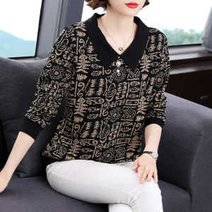 เสื้อดูดีแขนยาวสำหรับผู้หญิงวัยกลางคนและผู้สูงอายุเสื้อเชิ้ตทรงหลวมใส่แล้วดูผอมเพรียวเสื้อเชิ้ตตัวเล็กคอปกแฟชั่นเสื้อยืดพิมพ์ลายพื้นสีดำบุขน