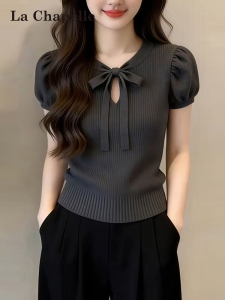 La Chapelle | Grey Lace Hollow Out Thin Bow French Style Bubble Sleeve T-Shirt