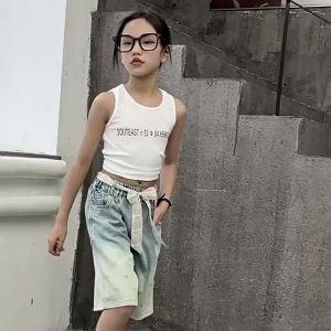 Denim Shorts for Girls 5-16 Years Old Kids Teens Girl Cute Printed Design Summer Shorts With Silk Belt Maong shorts para sa bata Short Jeans Fashion Loose Soft Middle Denim Short Casual