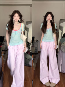 Korean Style Pink Striped Wide Leg Pants Womens Summer New Design Button Small Loose Slim Straight Leg Pants Casual Cotton