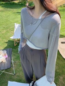 เสื้อถักผ้าวิสคอสแบบบางสำหรับผู้หญิงเสื้อตัวนอกสายเดี่ยวทรงหลวมแบบสั้นเสื้อคลุมกันแดดเสื้อท่อนบนเสื้อยืด