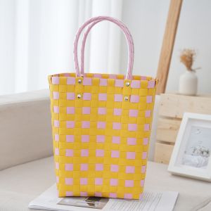 Hellkitty Cartoon Woven Basket Handbag Womens Beach Bag  Sweet Style No Inner Pockets Medium Size Fabric Material