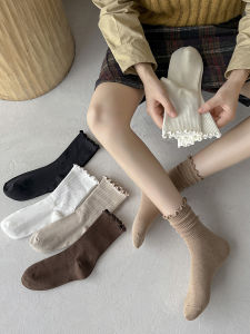 Tangwenxiang|ถุงเท้าข้อสั้นขอบลูกไม้ ผ้าฝ้ายแบบริบ