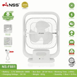 Nss 8\" Rechargeable Electric Fan: A Compact Desk Fan with Solar Panel & LED Light