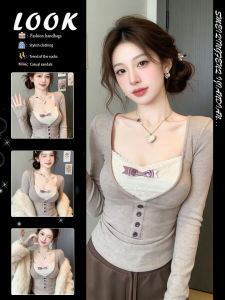 Lace and Bow Decoration Two-tone Look Fitted Long Sleeve T-Shirt