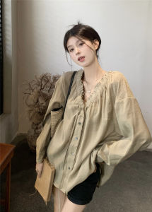 plus Size French Style Shirt Womens Long Sleeve V-Neck Loose Fit Sun Protection Outerwear Thin Pure Color Top for Autumn