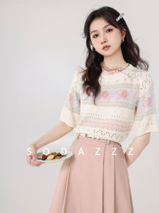 Summer French Style Apricot Round Neck Striped Short Sleeve Top