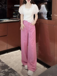 Shalldoer | ชุดสองชิ้นแฟชั่นสำหรับผู้หญิงในช่วงฤดูร้อนปี 2025 ดีไซน์ใหม่ เสื้อยืดแขนสั้นคอกลมแบบกลวง เสื้อเชิ้ตผ้าฝ้ายทรงหลวมเอวสูง กางเกงขายาวลำลอง