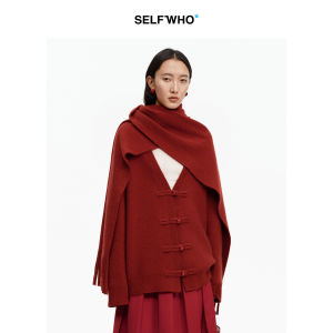 Lantern Red Traditional Design V-Neck Drop Shoulder Wool-Blend Sweater