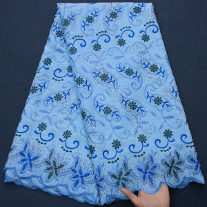 Soft Powder Blue Embroidered Cotton Lace | African Swiss Voile Lace Fabric with Navy Floral Scrolls & Sparkling Trim For Dresses