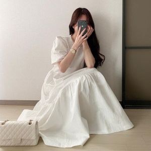 QFN | White French Style Fresh Sweet Dress Round Neck Cinched Waist Puff Sleeves