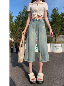 Summer Thin High Waist Loose Narrow Wide Leg Jeans Womens Ripped Light Blue Denim Retro Casual Seven-Foot Jeans