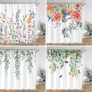 Botanical Floral Printed Shower Curtain Green Eucalyptus Leaves Colourful Flowers Polyester Fabric Shower Curtain Bathroom Decor