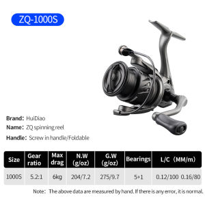 Huidiao Spinning Reel 1000-4000 5+1BB 10KG Max Drag Lightweight Fishing Reel with Screw-In Handle Zero Play Bass Trout
