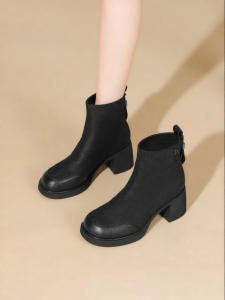 Josiny | English Style Thick Heel Short Boots With Back Zipper