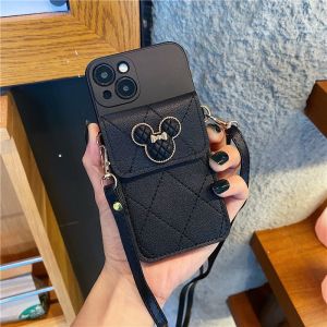 for iPhone 16 15 13 14 12 11 Pro X XS Max XR SE 2020 7 8 Plus Phone Case Mickey Wallet Cover with Long Strap