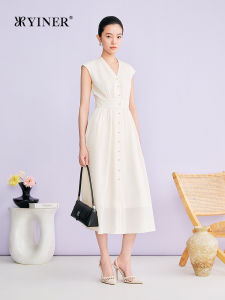 V-Neck Acetic Mixture Fabric Waist-High Cinched Dress