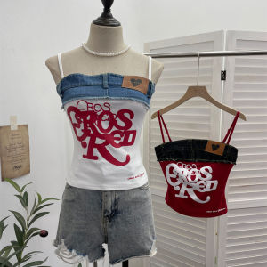 Slim Fit Denim Halter Top with Letter Print Splicing Short Sleeveless Original Design Knitted Summer Fashion for Young Women