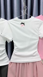 Áo thun nữ cộc tay mùa hè mát có đính nơ chất liệu vải thun cotton tăm mịn mát co giãn có bigsize