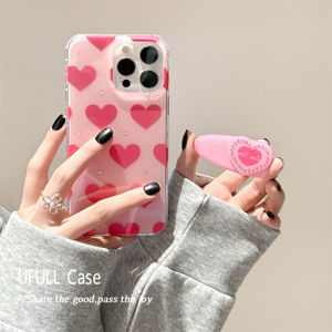 Ufull Pink Heart Shaped Phone Case Stand Full Cover Anti-Fall Protection for  16Promax 17 New Model 15 Stand 14Pro Girl Heart 13 Korean Style