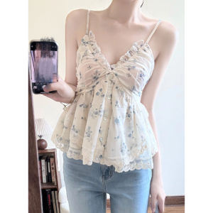 YUEZHONGWEI | French Style V-Neck Lace Trim Floral Print Halter Neck Tank Top Women Summer Outerwear Pure Desire Waist-Cinching Sleeveless Chiffon Blouse