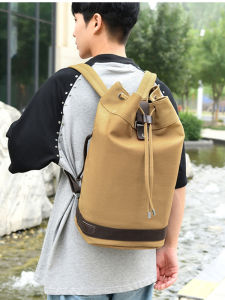 2023 New Mens Business Canvas Bucket Bag Large Capacity Wear-Resistant Travel Casual Style Double Shoulder Backpack