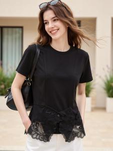 Basic House | Lace Trim Silk Short Sleeve Womens Tee Shirt
