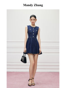 Retro Bespoke 100 Percent Long Staple Cotton Sleeveless Diamond-studded Waist-accentuating A-Line Dress