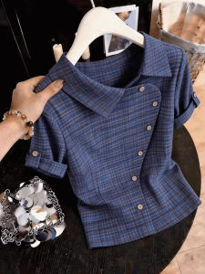 NUMEN BUTTON | Large Size American Retro Blue Plaid Short Sleeve Summer Shirt