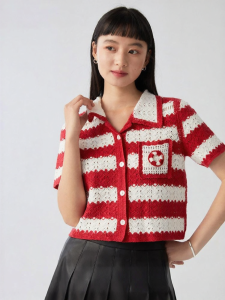 Vero Moda | Áo Thun Dệt Kim Tay Ngắn Họa Tiết Sọc Đỏ Trắng Dáng Suông Dễ Thương Dành Cho Nữ