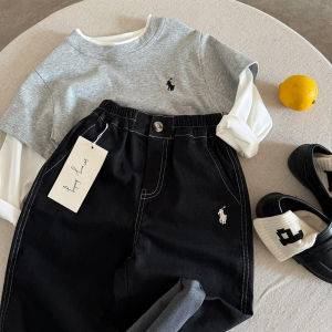 Casual Loose Boys Girls Childrens Jeans Pants Spring Autumn Cotton Polyester Elastic Waistband Embroidered Trendy Brand