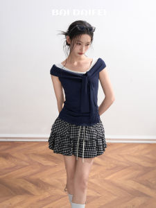BAIDAIFEI | Navy Off Shoulder Fake Two-Piece T-Shirt Summer V-Neck Slim Fit