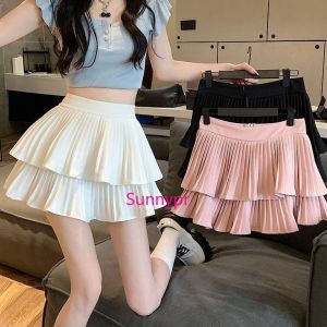 Summer Double Layer Cake Pleated Skirt Womens High Waist A-line Short Fit Skirt