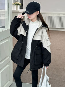 Girls Autumn Winter Thickened Rabbit Fur Padded Parka Coat Casual Style with Hood Drawstring Hem Zipper Closure Color Block Design