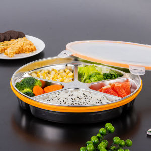 Stainless Steel Divided Lunch Box Student Bento Box Adult and Children Multi-Grid Lunch Box Korean Style Crisper round Fast Food Plate