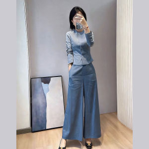 DANTING | Elegant Waist-Accentuated Blue Shirt and Wide Pants Set