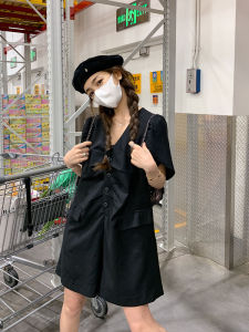 Black Pleated Splice Loose Feel One-Piece Summer New Style Womens Casual Wide Leg Dress Pants V-Neck H-Shape Single Button